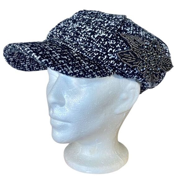 News Boy Cap Black White Tweed Hat with Rhinestone Applique Fully Lined - Picture 1 of 8